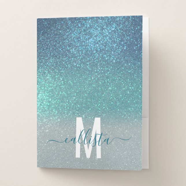 Bright Blue Teal Sparkly Glitter Ombre Monogram Pocket Folder (Front)