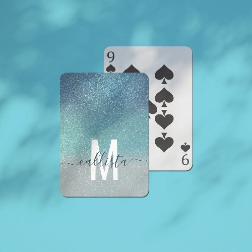 Bright Blue Teal Sparkly Glitter Ombre Monogram Poker Cards