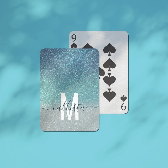 Bright Blue Teal Sparkly Glitter Ombre Monogram Poker Cards (Creator Uploaded)
