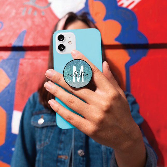 Bright Blue Teal Sparkly Glitter Ombre Monogram PopSocket (Creator Uploaded)