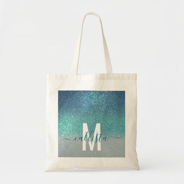 Bright Blue Teal Sparkly Glitter Ombre Monogram Tote Bag (Front)