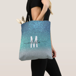 Bright Blue Teal Sparkly Glitter Ombre Monogram Tote Bag