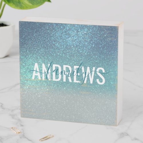 Bright Blue Teal Sparkly Glitter Ombre Monogram Wooden Box Sign