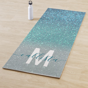 Bright Blue Teal Sparkly Glitter Ombre Monogram Yoga Mat