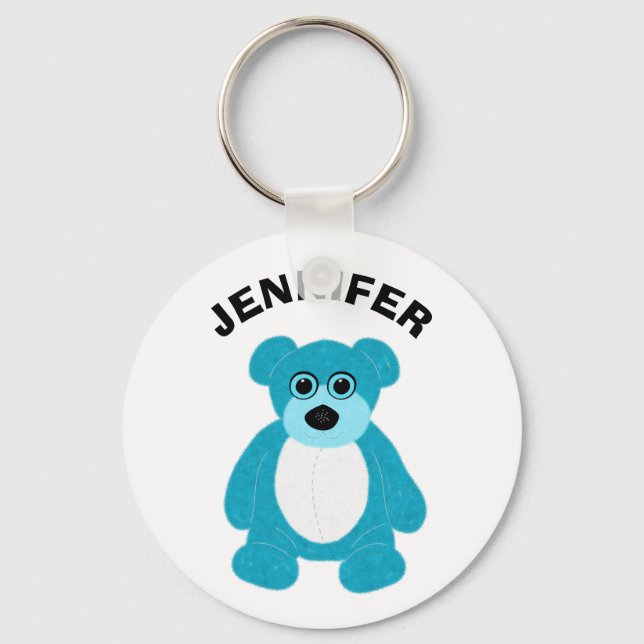 Bright Blue Teddy Bear Graphic Personalized Keychain (Front)