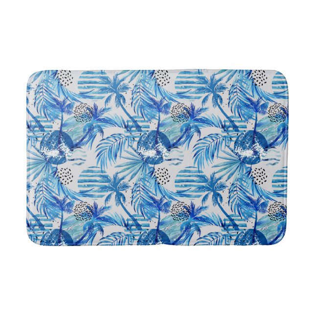 Bright Blue Tropical Watercolor Pattern Bathroom Mat (Front)