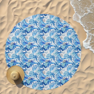 Bright Blue Tropical Watercolor Pattern Beach Towel