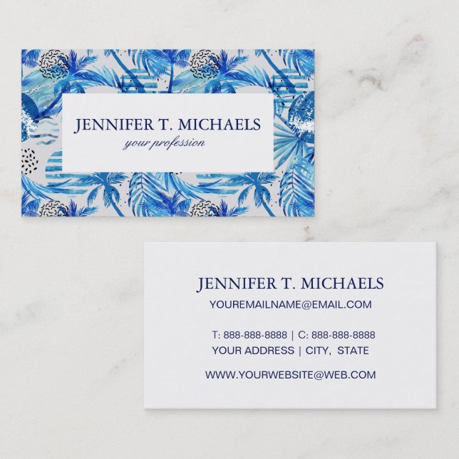 Bright Blue Tropical Watercolor Pattern Business Card (Front/Back)