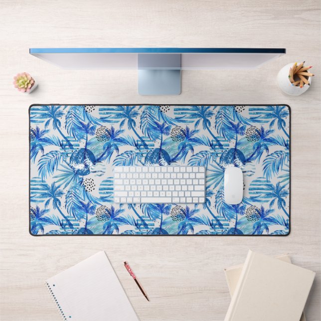 Bright Blue Tropical Watercolor Pattern Desk Mat (Office 1)