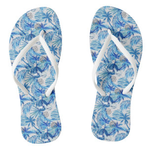 Bright Blue Tropical Watercolor Pattern Flip Flops