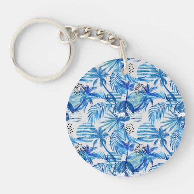 Bright Blue Tropical Watercolor Pattern Keychain (Front)