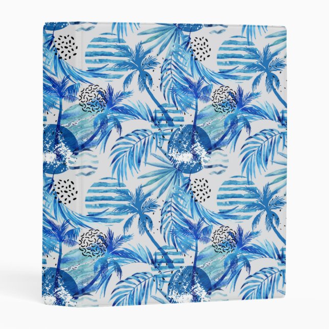 Bright Blue Tropical Watercolor Pattern Mini Binder (Front/Spine)