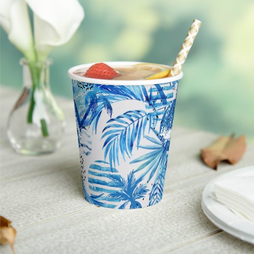 Bright Blue Tropical Watercolor Pattern Paper Cups