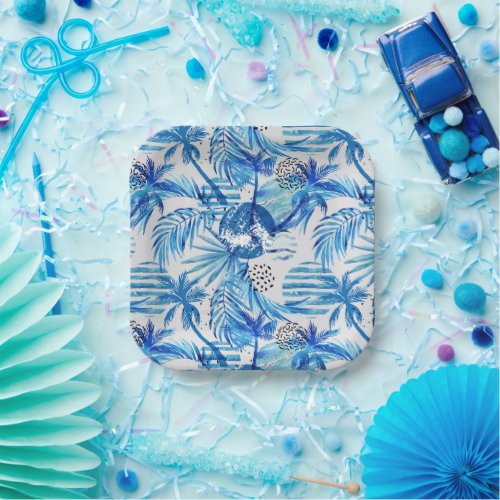 Bright Blue Tropical Watercolor Pattern Paper Plates