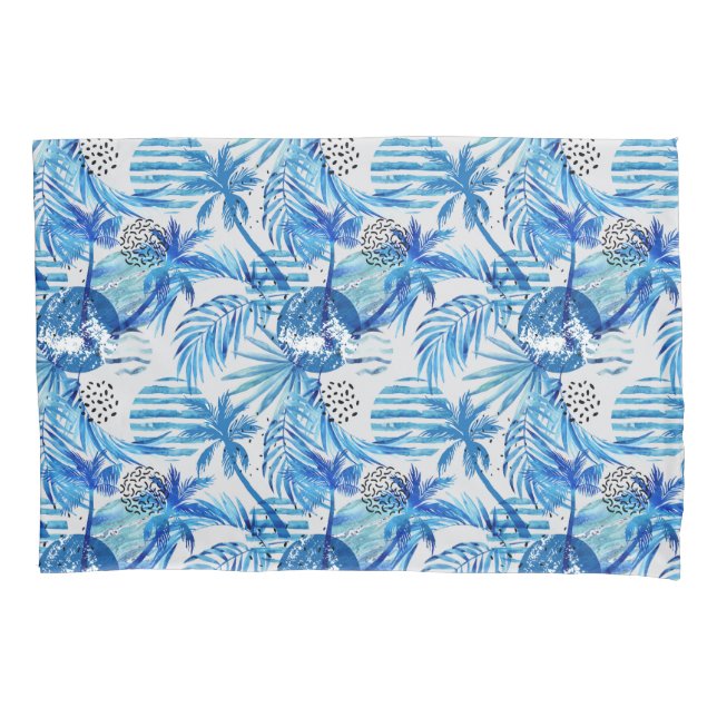 Bright Blue Tropical Watercolor Pattern Pillow Case (Front-Left)