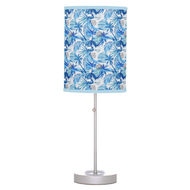 Bright Blue Tropical Watercolor Pattern Table Lamp (Front)