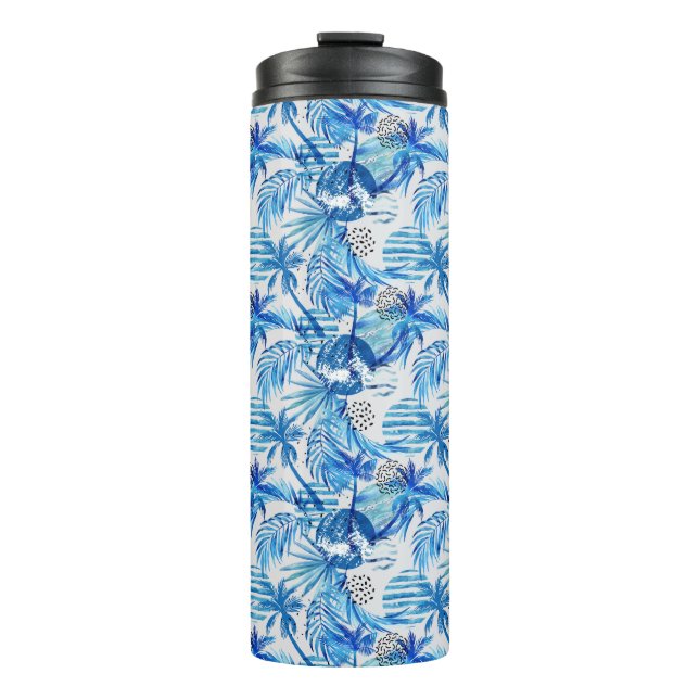 Bright Blue Tropical Watercolor Pattern Thermal Tumbler (Front)