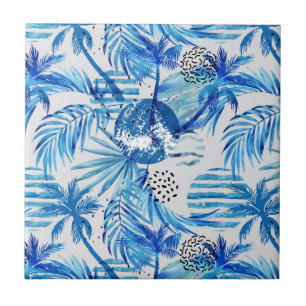Bright Blue Tropical Watercolor Pattern Tile