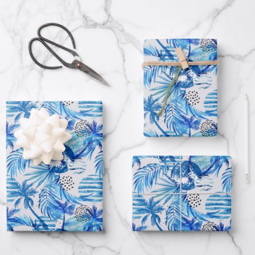 Bright Blue Tropical Watercolor Pattern Wrapping Paper Sheets