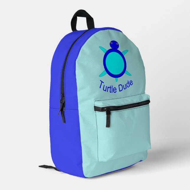 Bright Blue Turtle Dude Printed Backpack (Back Corner Left)