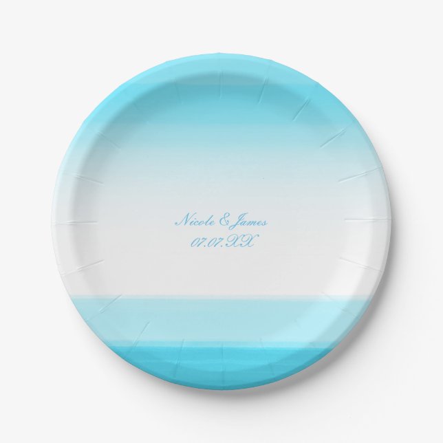 Bright Blue Watercolor Chic Wedding Party Plates (Front)