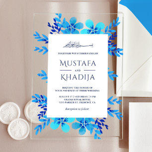 Bright Blue Watercolor Floral Islamic Wedding Acrylic Invitations