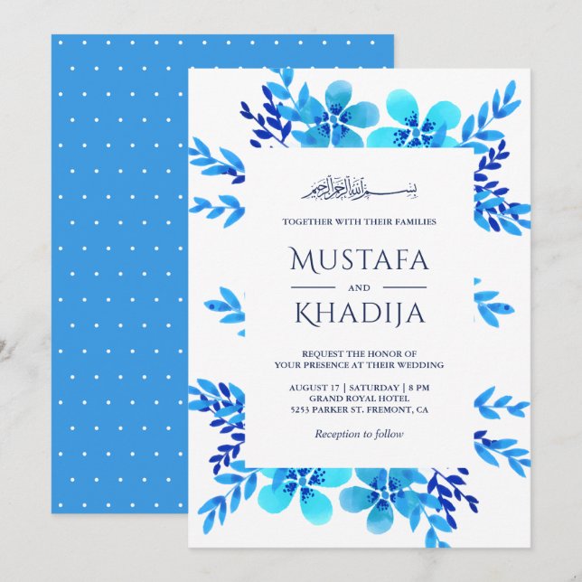 Bright Blue Watercolor Floral Islamic Wedding Invitation (Front/Back)