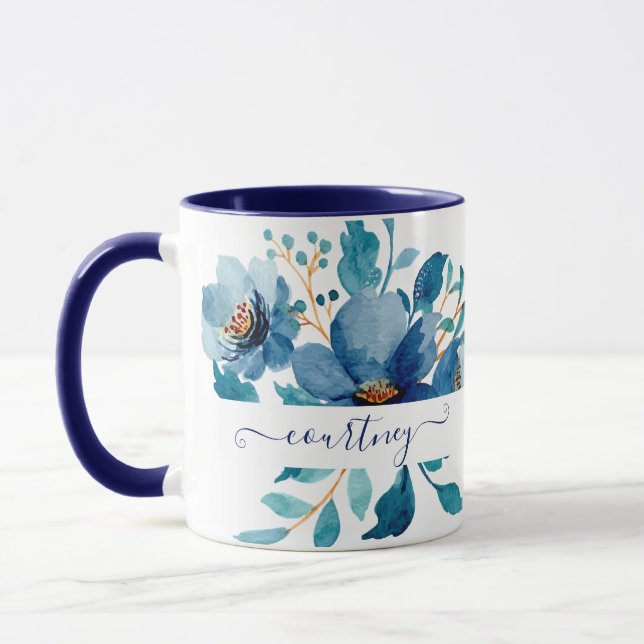 Bright blue watercolor floral personalized mug (Left)