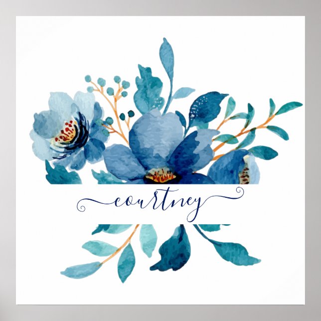 Bright blue watercolor floral personalized   poster (Front)