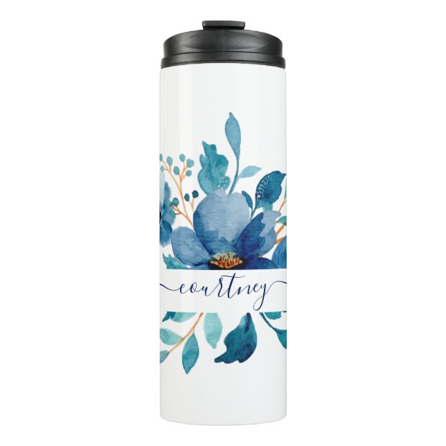 Bright blue watercolor floral personalized   thermal tumbler (Front)