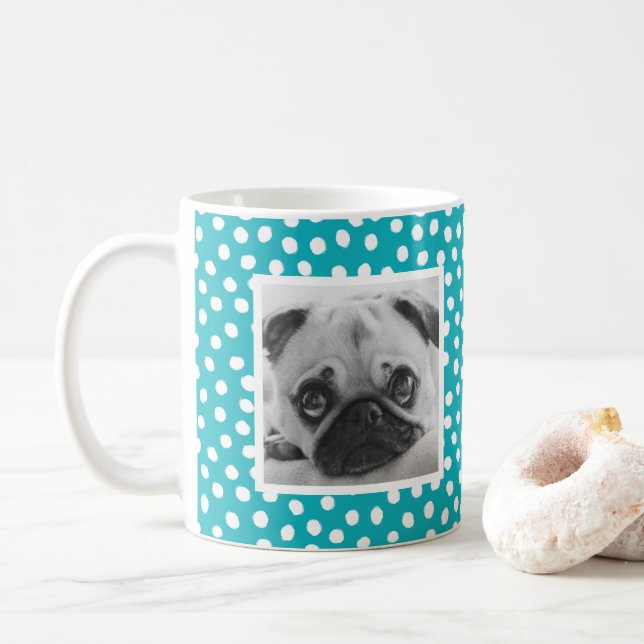 Bright Blue White Dot Pattern Custom Photo Mug (With Donut)