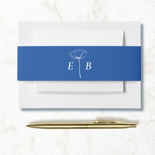 Bright Blue White Monogram Floral Accent Initial Invitation Belly Band