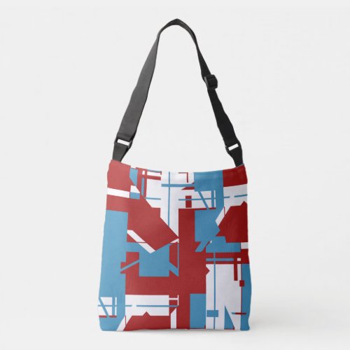 Bright Blue White on Dark Red Geometric Motif Crossbody Bag