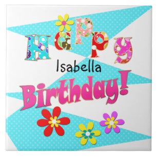Bright blue white pink kids fun flowers cartoon bi ceramic tile