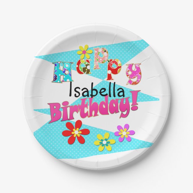 Bright blue white pink kids fun flowers cartoon bi paper plates (Front)