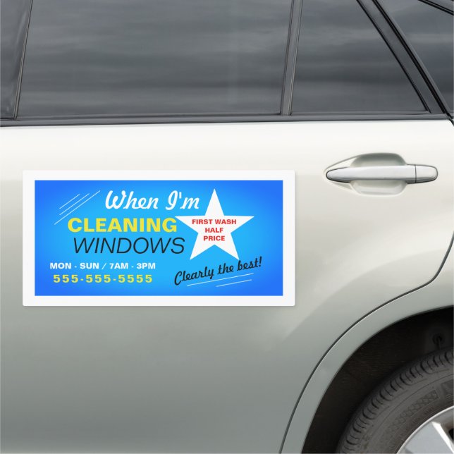 Bright Blue Window Cleaner, Cleaning Service Car Magnet (In Situ)