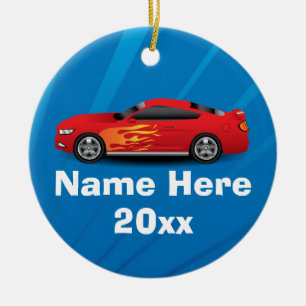 Bright Blue with Red Sports Car Flames Kids Boys Ceramic Ornament