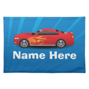 Bright Blue with Red Sports Car Flames Kids Boys Cloth Placemat