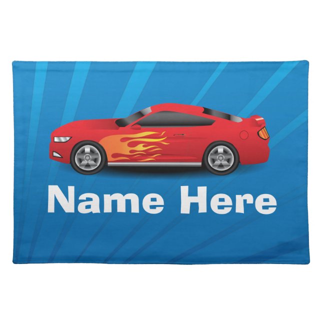 Bright Blue with Red Sports Car Flames Kids Boys Cloth Placemat (Front)