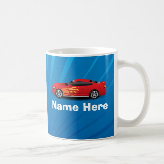 Bright Blue with Red Sports Car Flames Kids Boys Coffee Mug (Right)