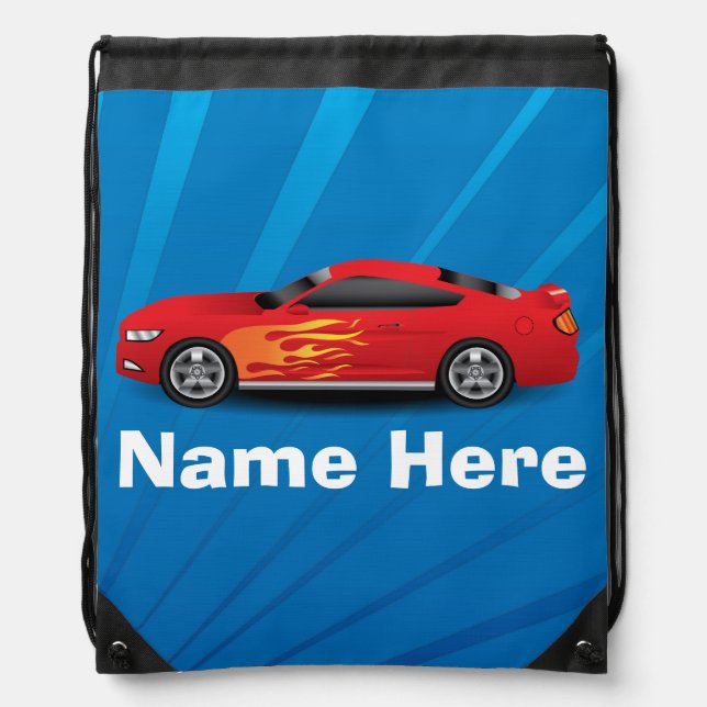 Bright Blue with Red Sports Car Flames Kids Boys Drawstring Bag (Front)