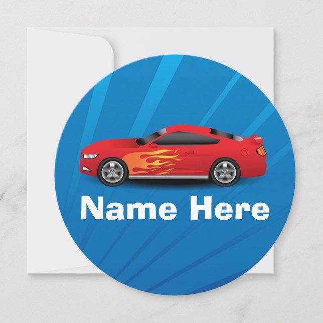 Bright Blue with Red Sports Car Flames Kids Boys Invitation (Front)