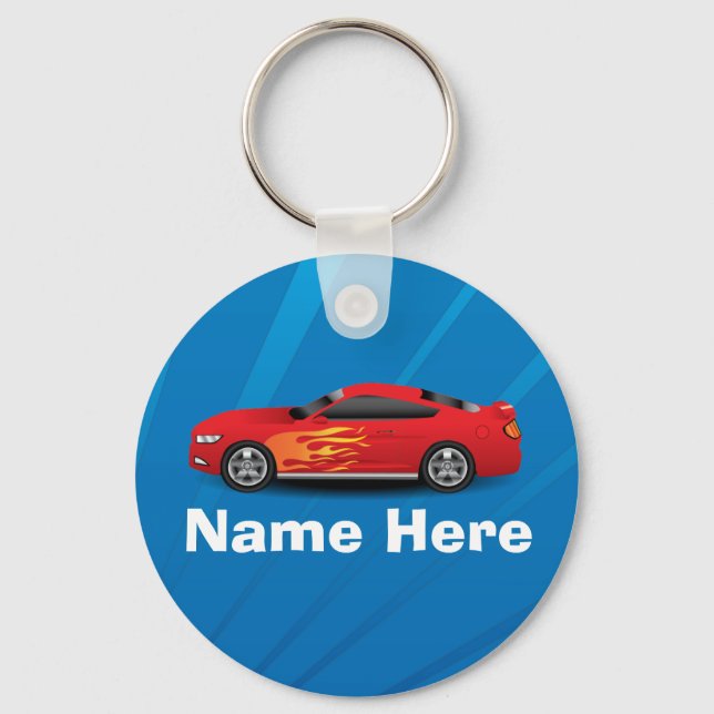 Bright Blue with Red Sports Car Flames Kids Boys Keychain (Front)