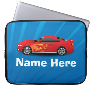 Bright Blue with Red Sports Car Flames Kids Boys Laptop Sleeve