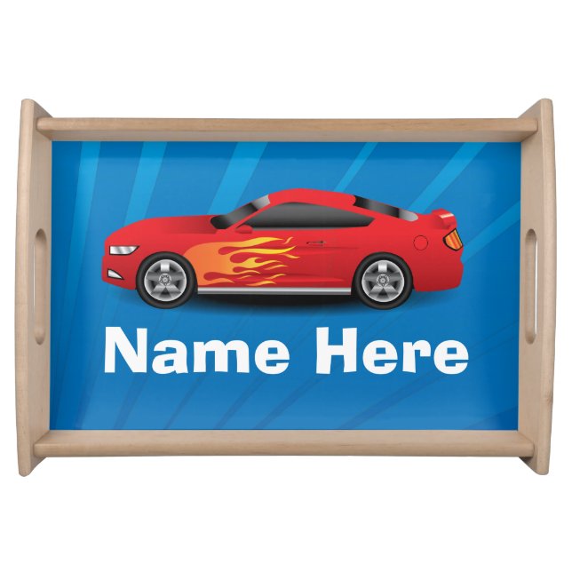Bright Blue with Red Sports Car Flames Kids Boys Serving Tray (Front)