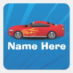 Bright Blue with Red Sports Car Flames Kids Boys Square Sticker