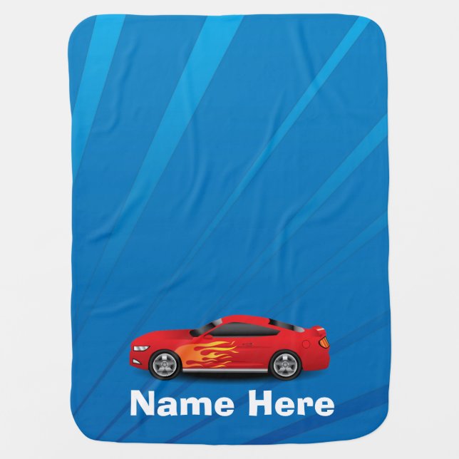 Bright Blue with Red Sports Car Flames Kids Boys Swaddle Blanket (Front)