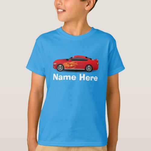 Bright Blue with Red Sports Car Flames Kids Boys T_Shirt