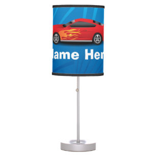 Bright Blue with Red Sports Car Flames Kids Boys Table Lamp