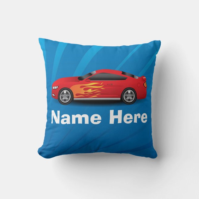 Bright Blue with Red Sports Car Flames Kids Boys Throw Pillow (Front)